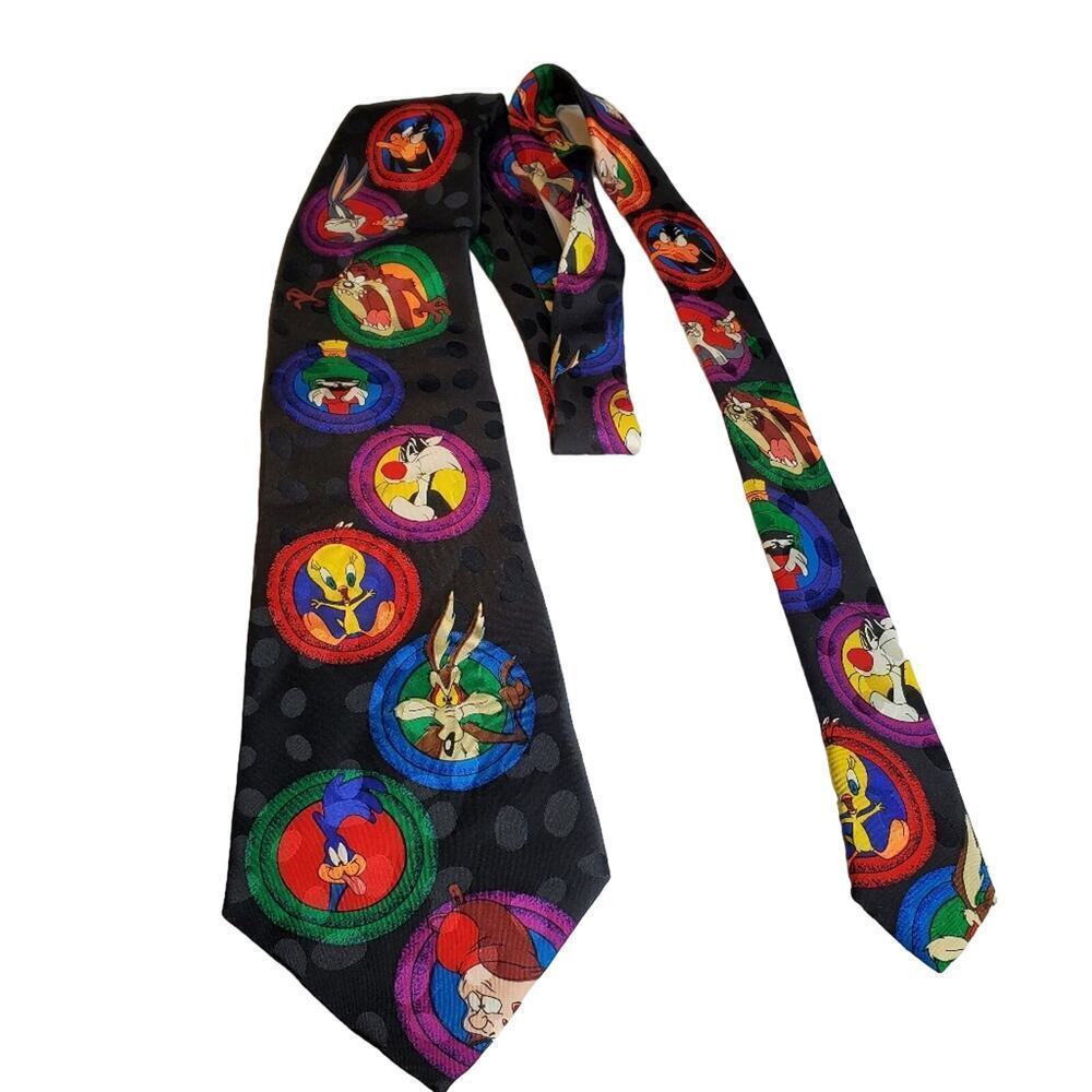 Vintage Looney Toons Mania Silk Tie Warner Brothers Black 90's Bugs Bunny Daffy